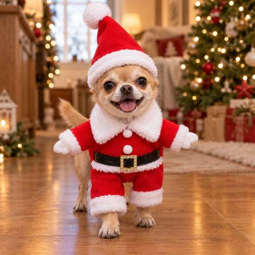 Chihuahua im Weihnachtsmann-Kostüm läuft auf die Kamera zu (KI-generierte Darstellung)