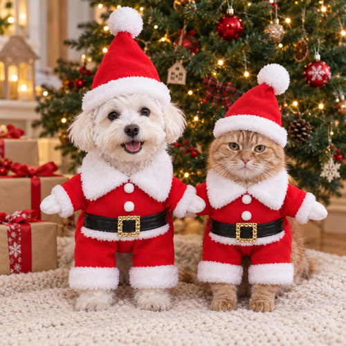 Hund und Katze im Weihnachtsmann-Kostüm vor dem Weihnachtsbaum (KI-generierte Darstellung)